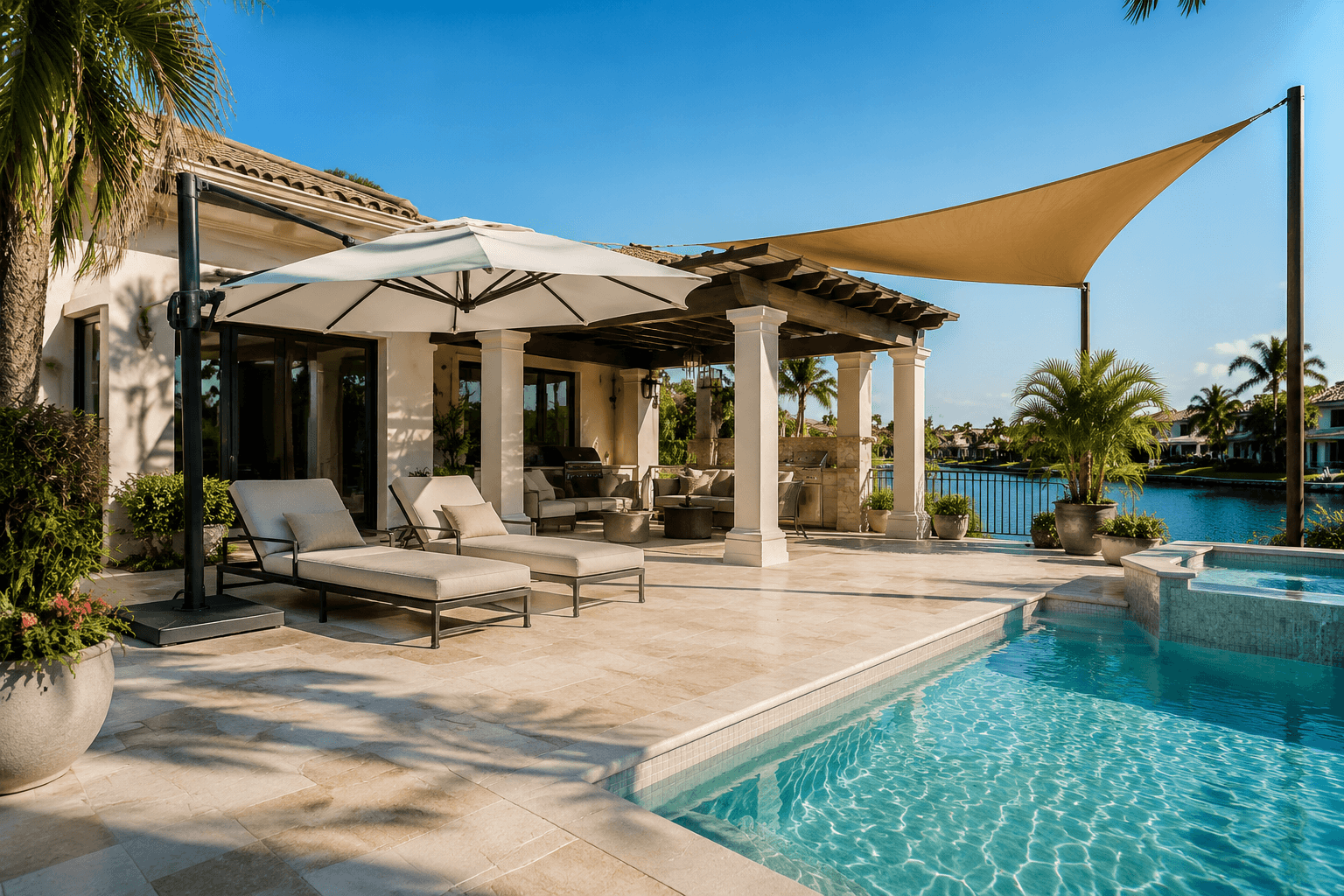 Sunlit patio with pool, umbrella, shade sail and canopy concepts