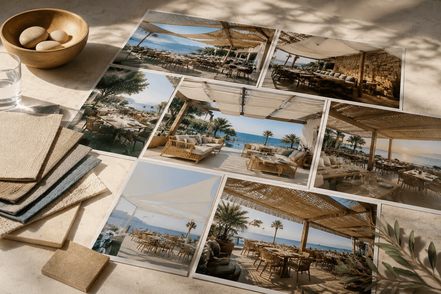 Outdoor curtain and resort terrace shade concept