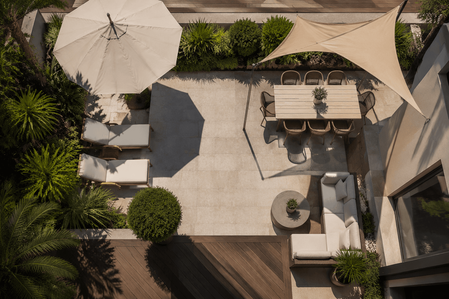 Top-down patio layout with shade zones for umbrellas, sails and seating