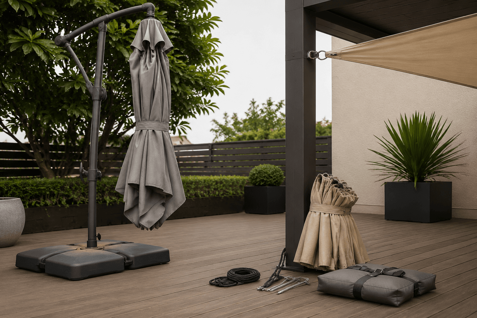 Patio shade safety setup with closed umbrella, folded sail and weighted base